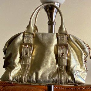EXPRESS Gold Metallic Double Handle Metal Feet Leather Handbag